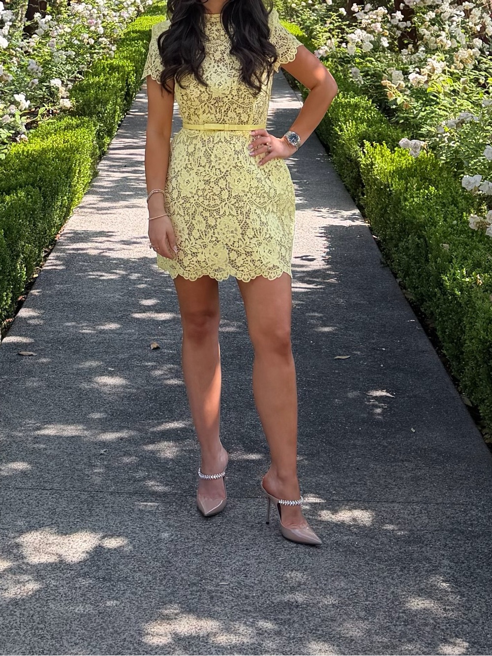 NADINE MERABI Pale Yellow Lace Mini Dress with Belt - Picture 2 of 2